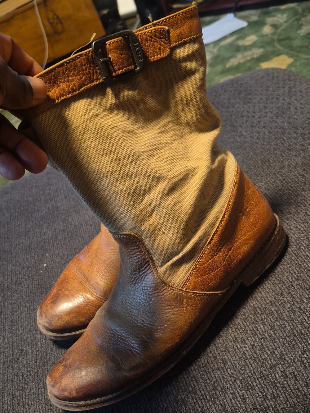 Brown Leather and Tan Canvas Men's Pull-On Boots